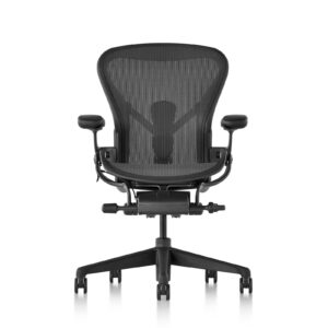 Herman Miller Aeron Remastered chair rear view showing 8Z Pellicle mesh back and adjustable arms